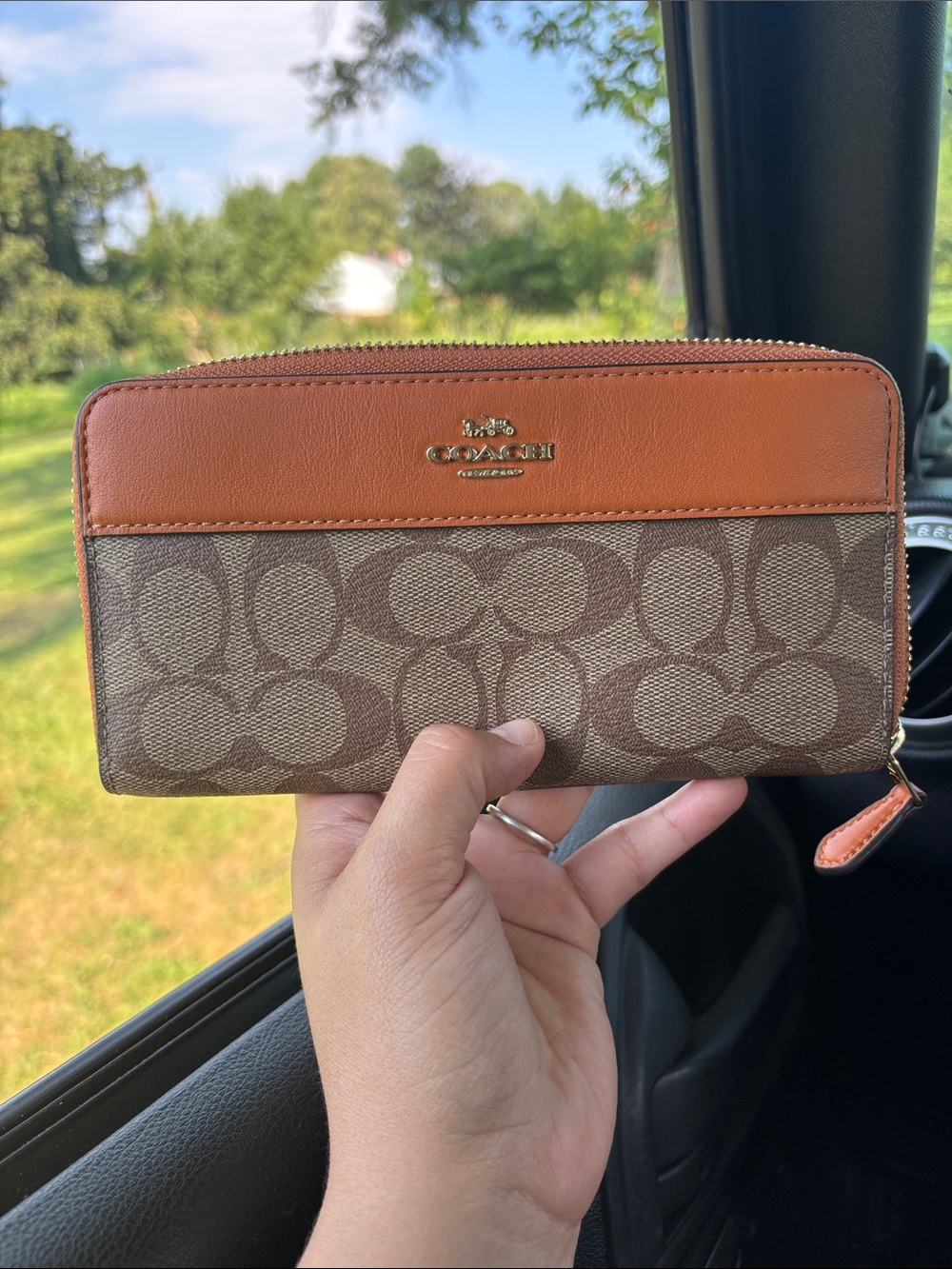 Coach Signature Canvas Continental Wallet with Orange Trim